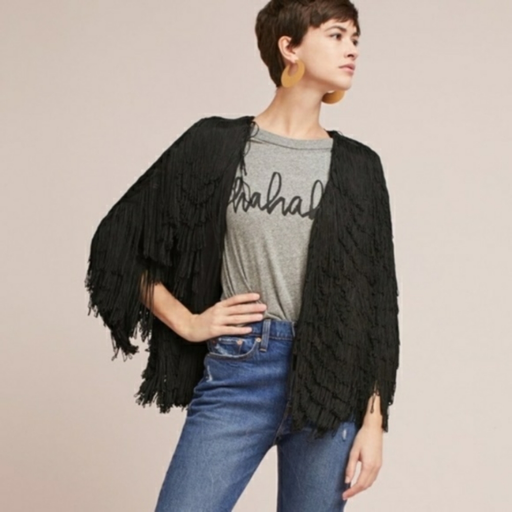 NWT Anthropologie x Vanessa Virginia Black Fringe Jacket, Sz M